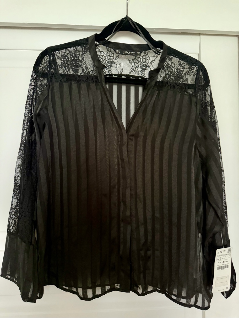 Zara Black Sheer Stripe & Lace Blouse